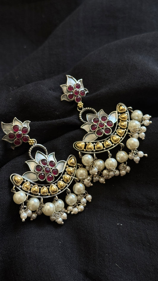 Double Tone Danglers - Silver & gold - dark pink with pearl hangings