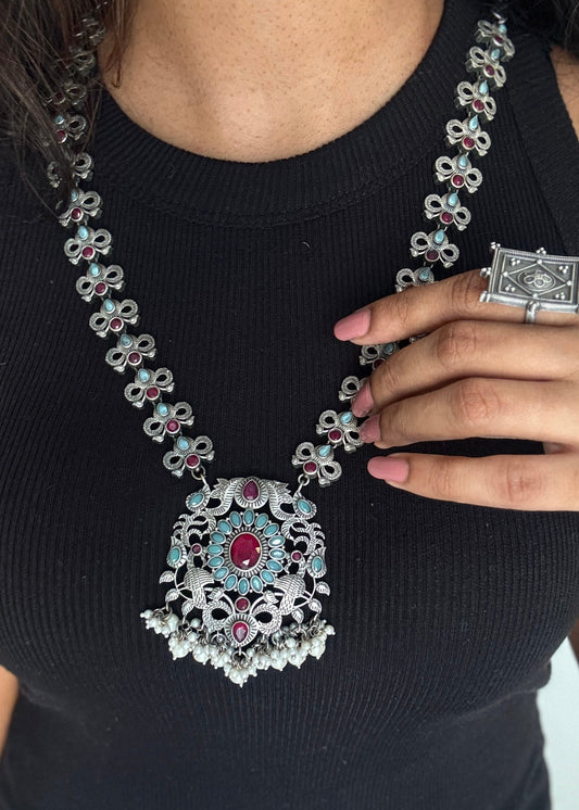 Long haram - turquoise & red with pearls, long jhumka