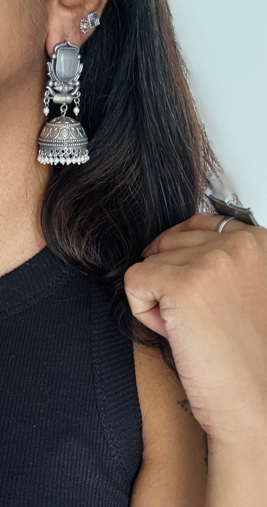Antique Bloom - Traditional Jhumka, Black Stone, Grey Beads