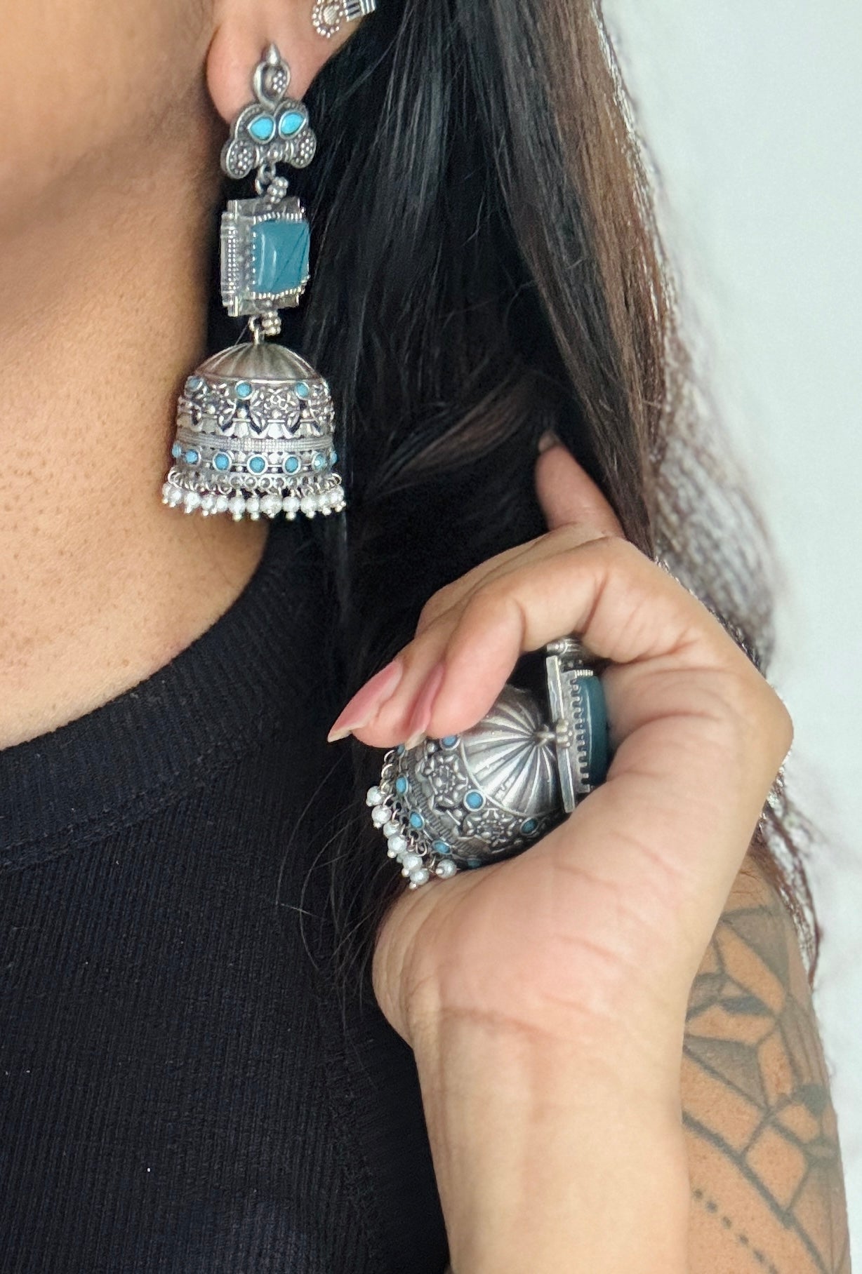 Heavy Jhumka - Silver & aqua blue