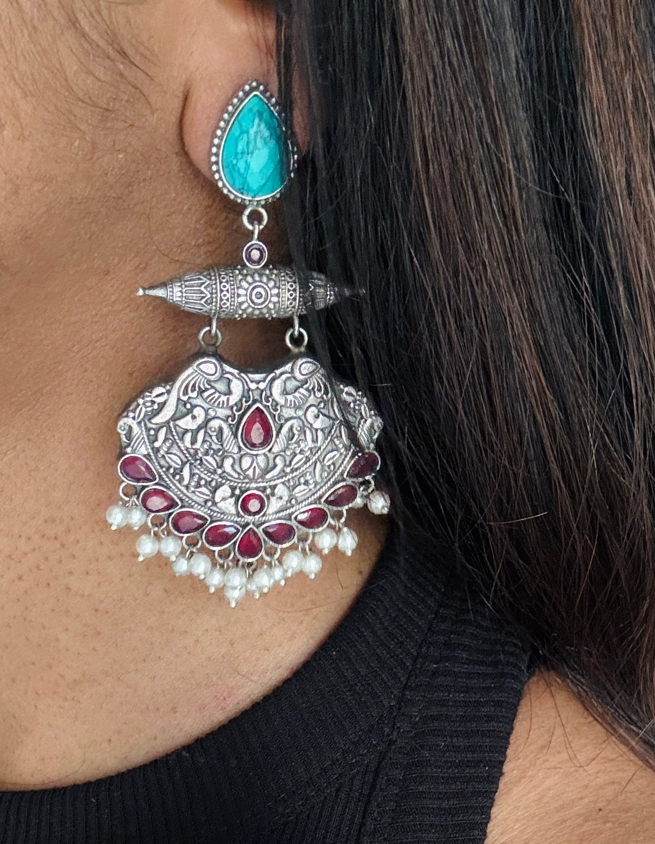 Dangler earrings - silver, red & turquoise