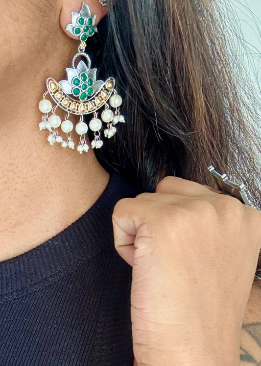 Double Tone Danglers - Silver & gold - green with pearl hangings - YCOSED31