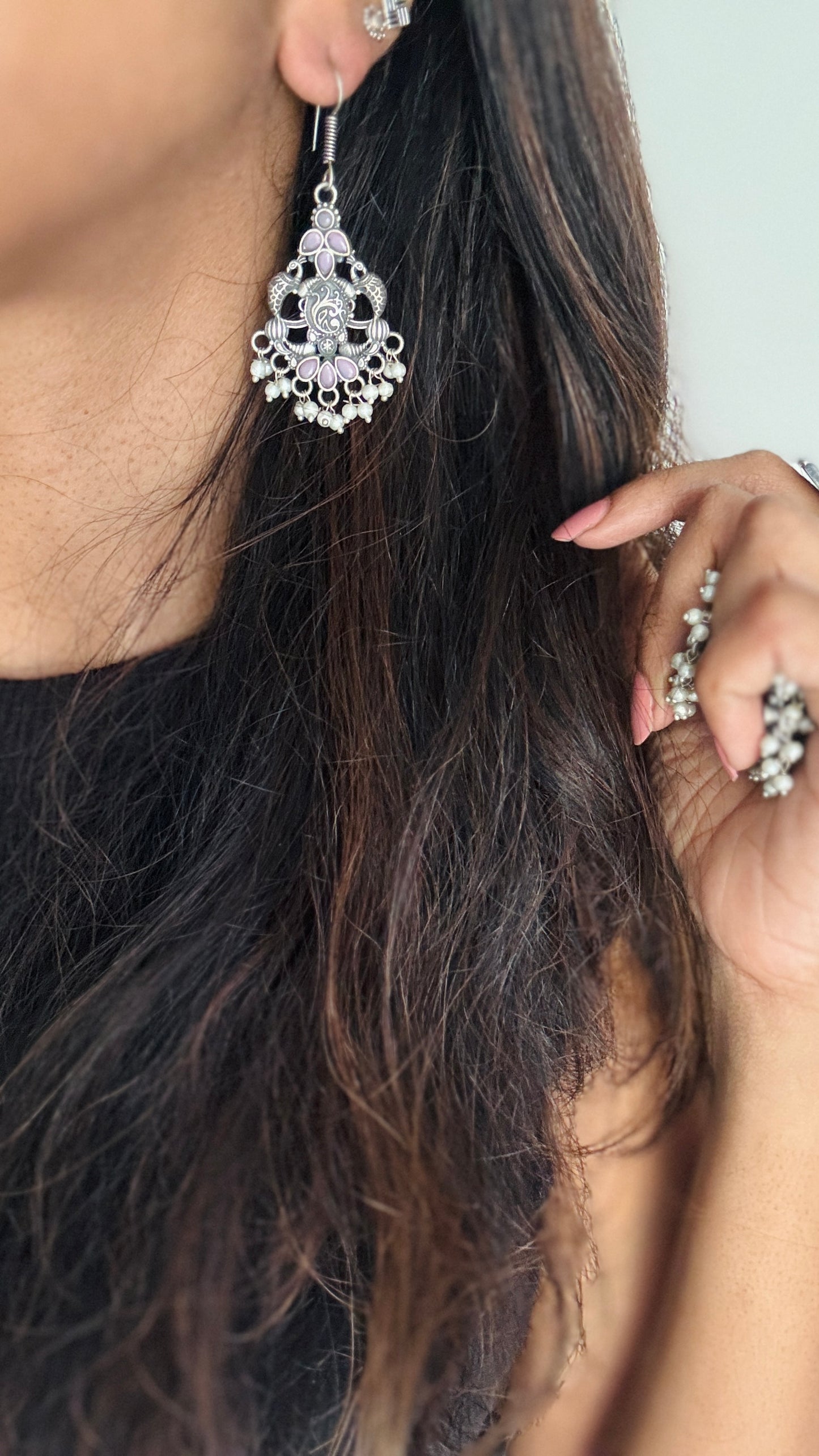 Hanging earrings - silver & baby pink - YCOSED02