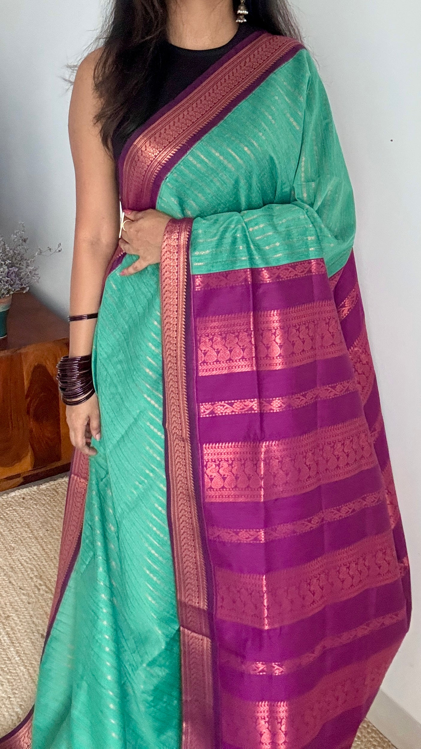 Aqua green with purple, Vaira Oosi pattern -Premium Kalyani Cotton Silk