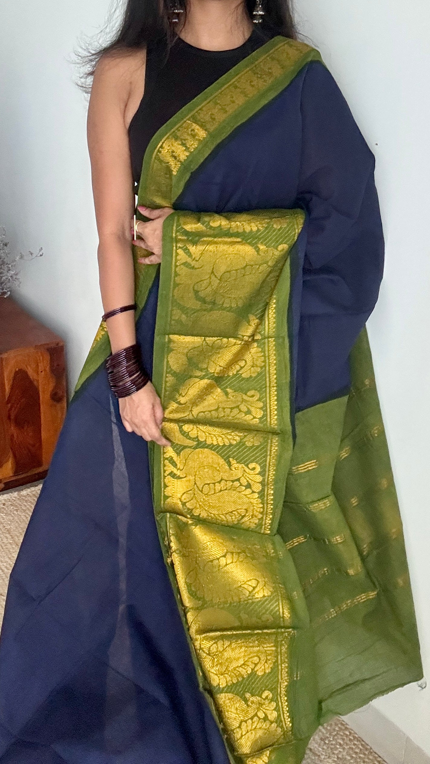 Dark Blue with Green - Madurai Soft Cotton