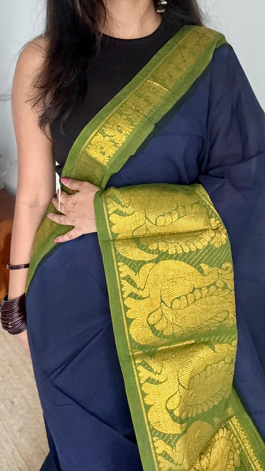 Dark Blue with Green - Madurai Soft Cotton