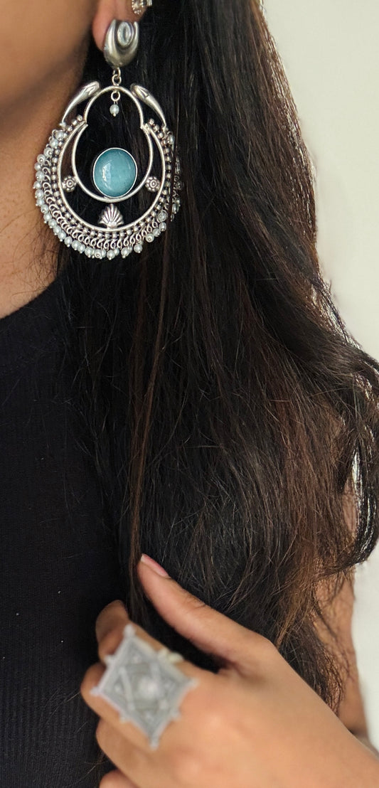 Handmade Chandbali with Pearl Beads - Aqua Blue - YCOSEC11