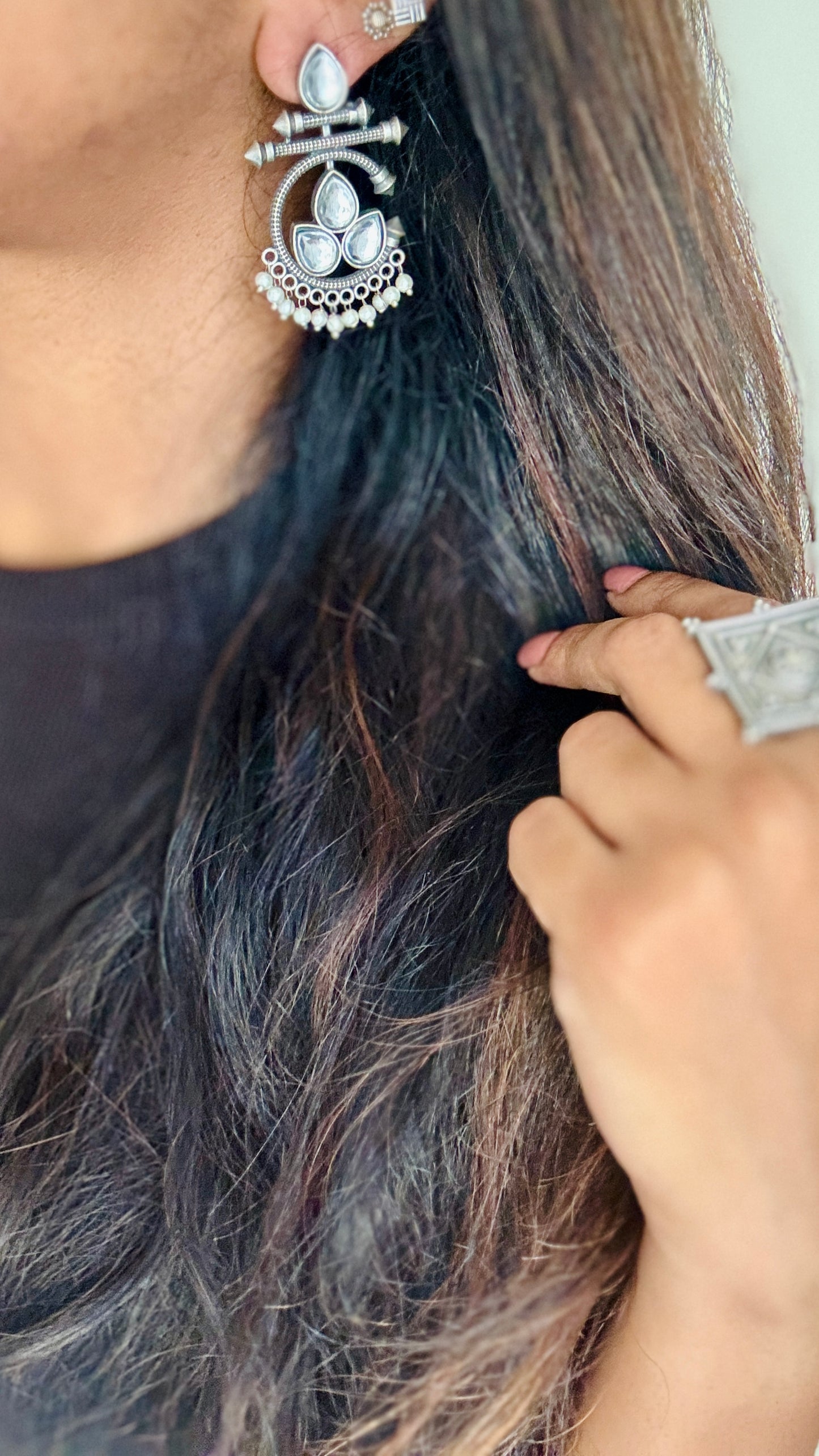 Dangler earrings - silver & white
