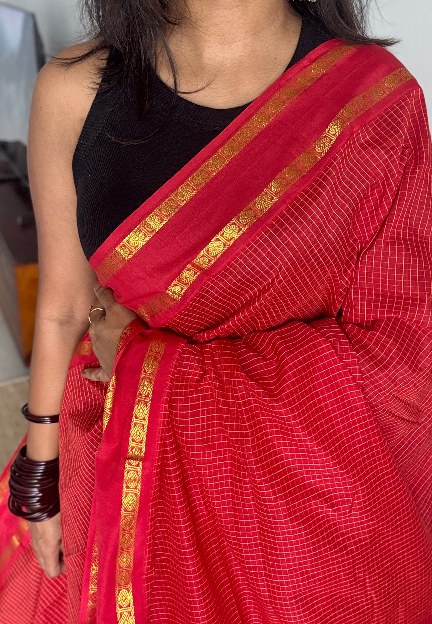 Chilli Red - Arani Checks in cotton silk