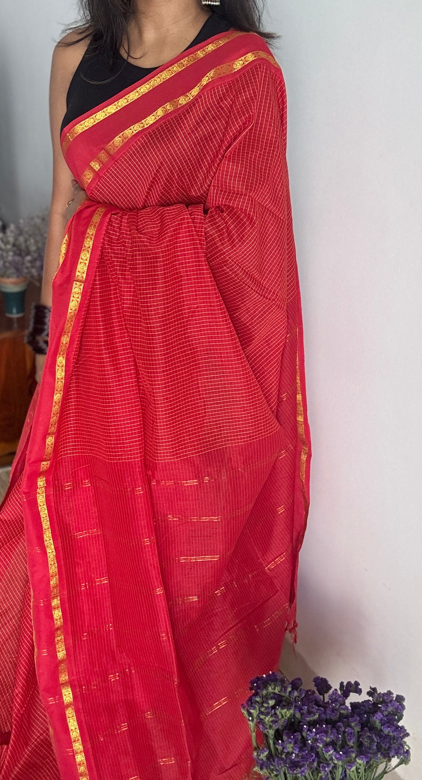 Chilli Red - Arani Checks in cotton silk