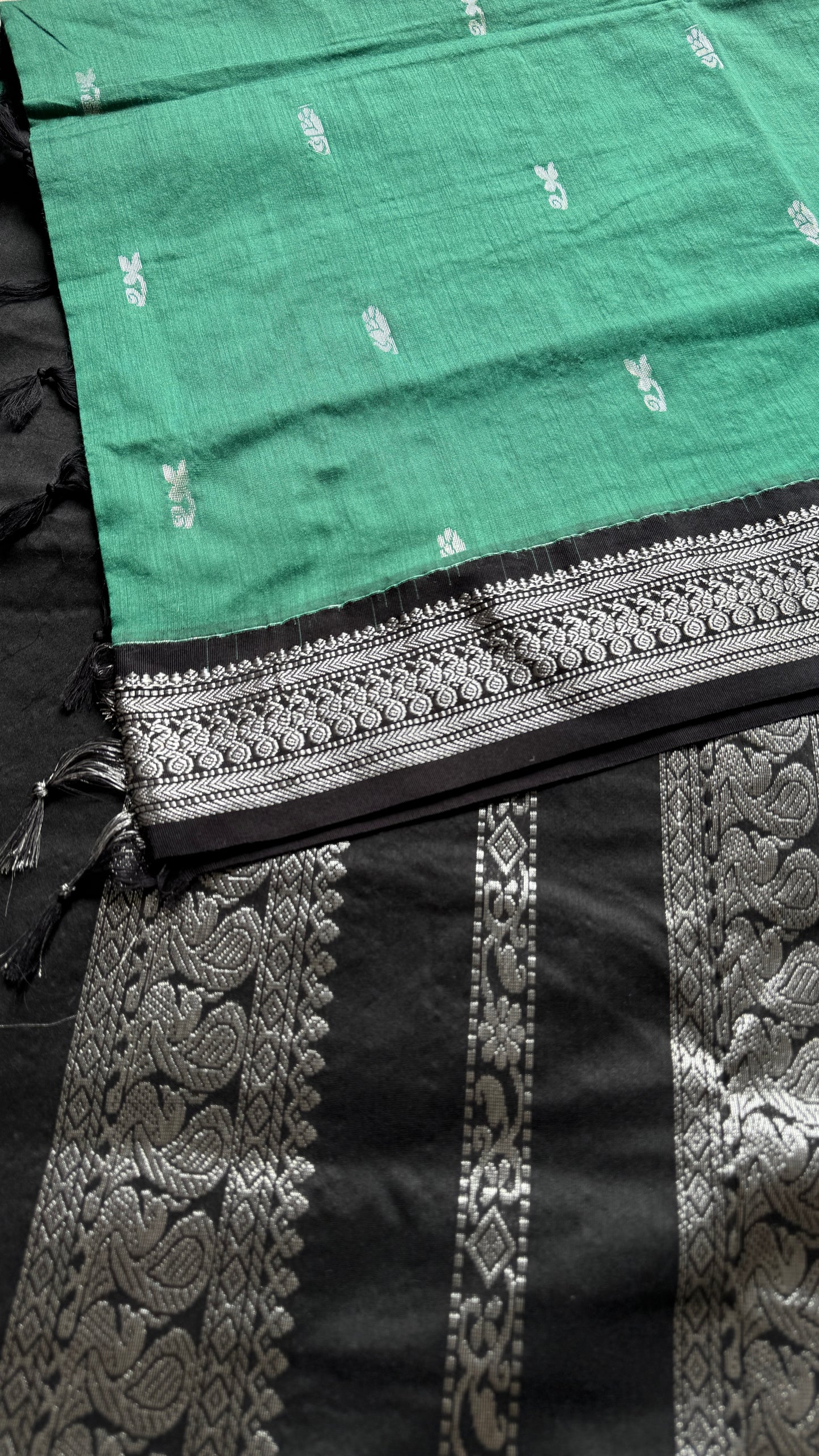Dark Mint Green - Black, Silver Zari - Kalyani Cotton Silk - YCCOTNKCSB05