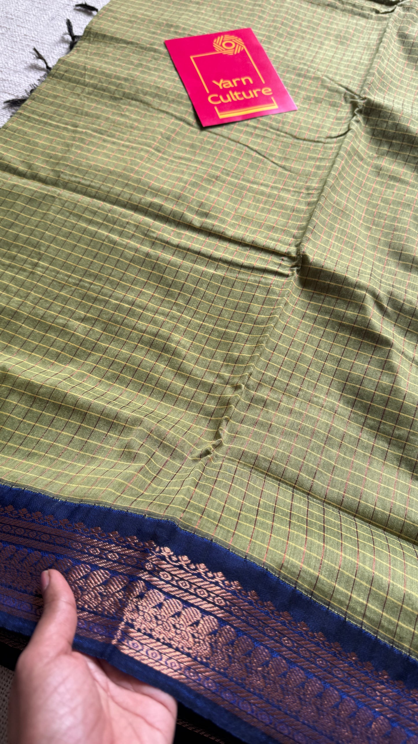 Light Green - Royal Blue, Checks - Kalyani Cotton Silk - YCCOTNKCSC04