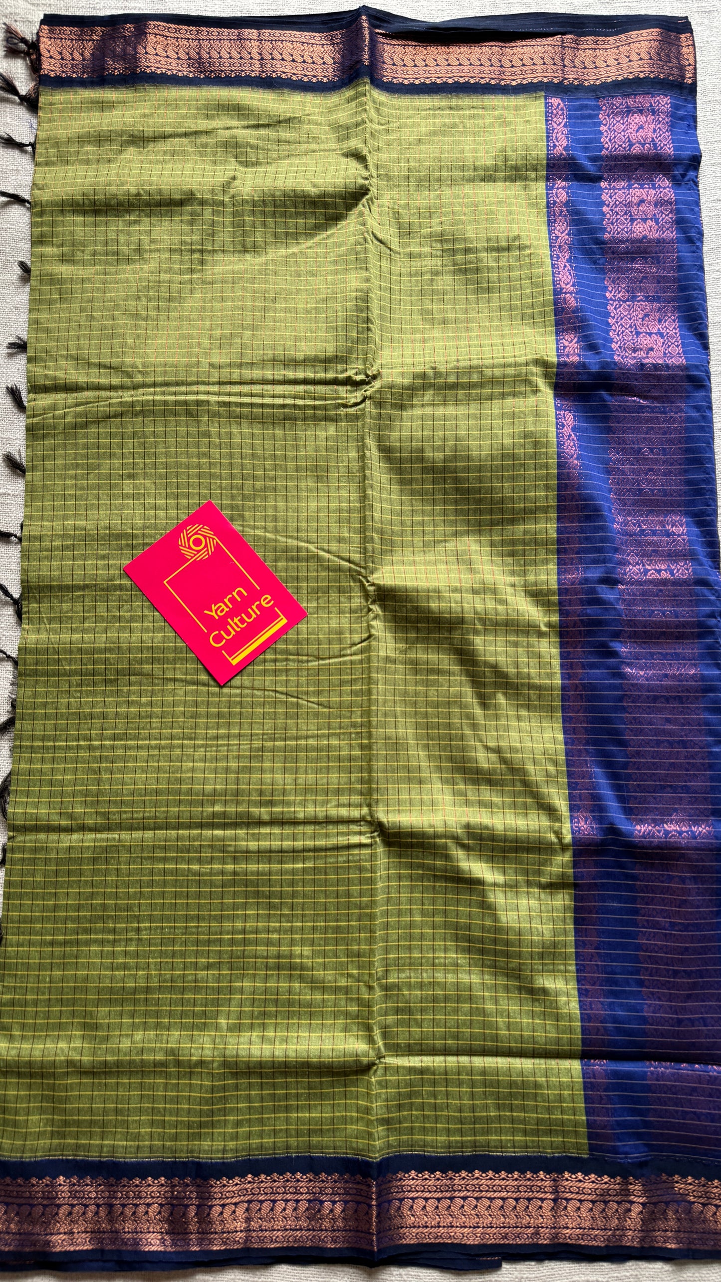 Light Green - Royal Blue, Checks - Kalyani Cotton Silk - YCCOTNKCSC04