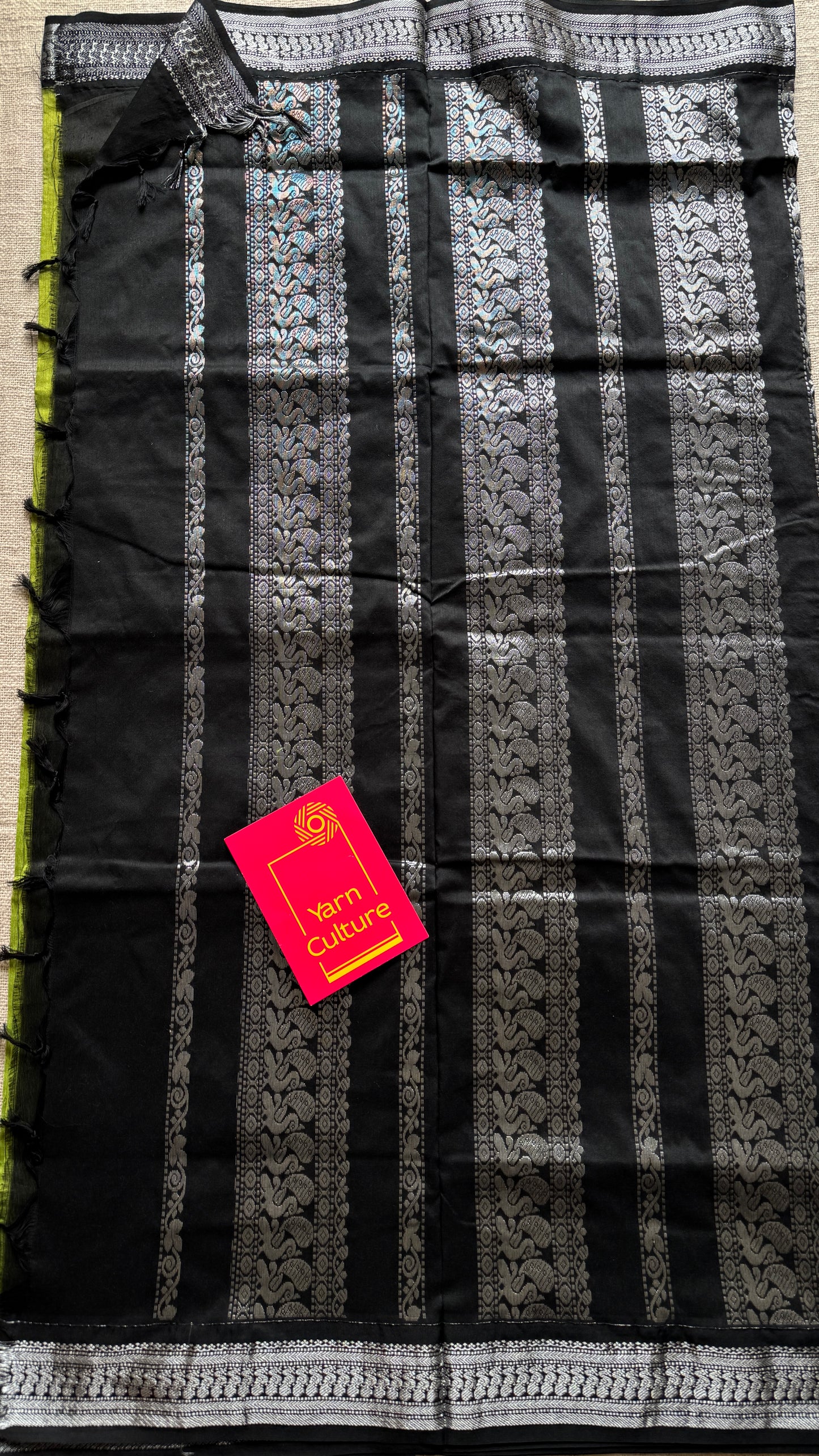 Bright Green - Black, Silver Zari - Kalyani Cotton Silk - YCCOTNKCSB04