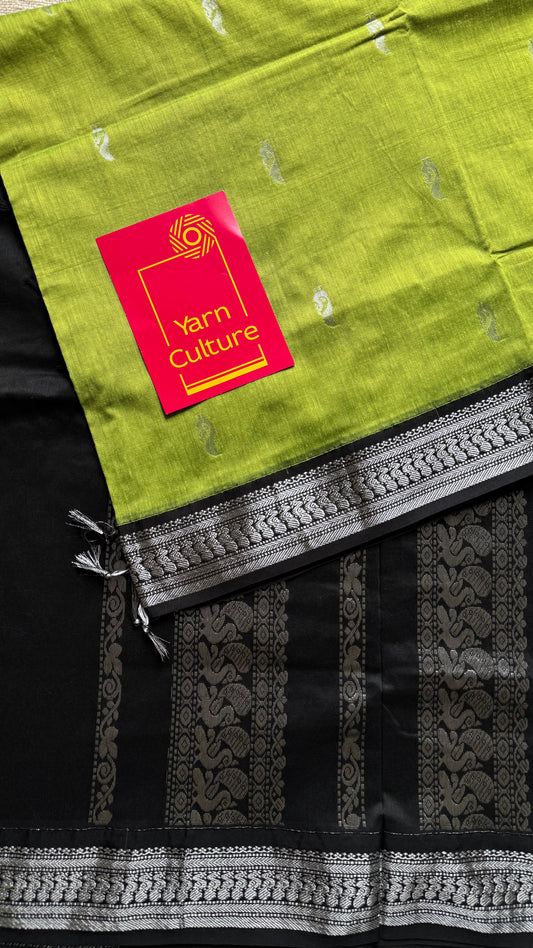 Bright Green - Black, Silver Zari - Kalyani Cotton Silk - YCCOTNKCSB04