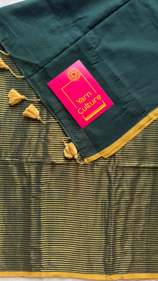 Dark green gold zari stripes - Mul Cotton YCBCBZS03