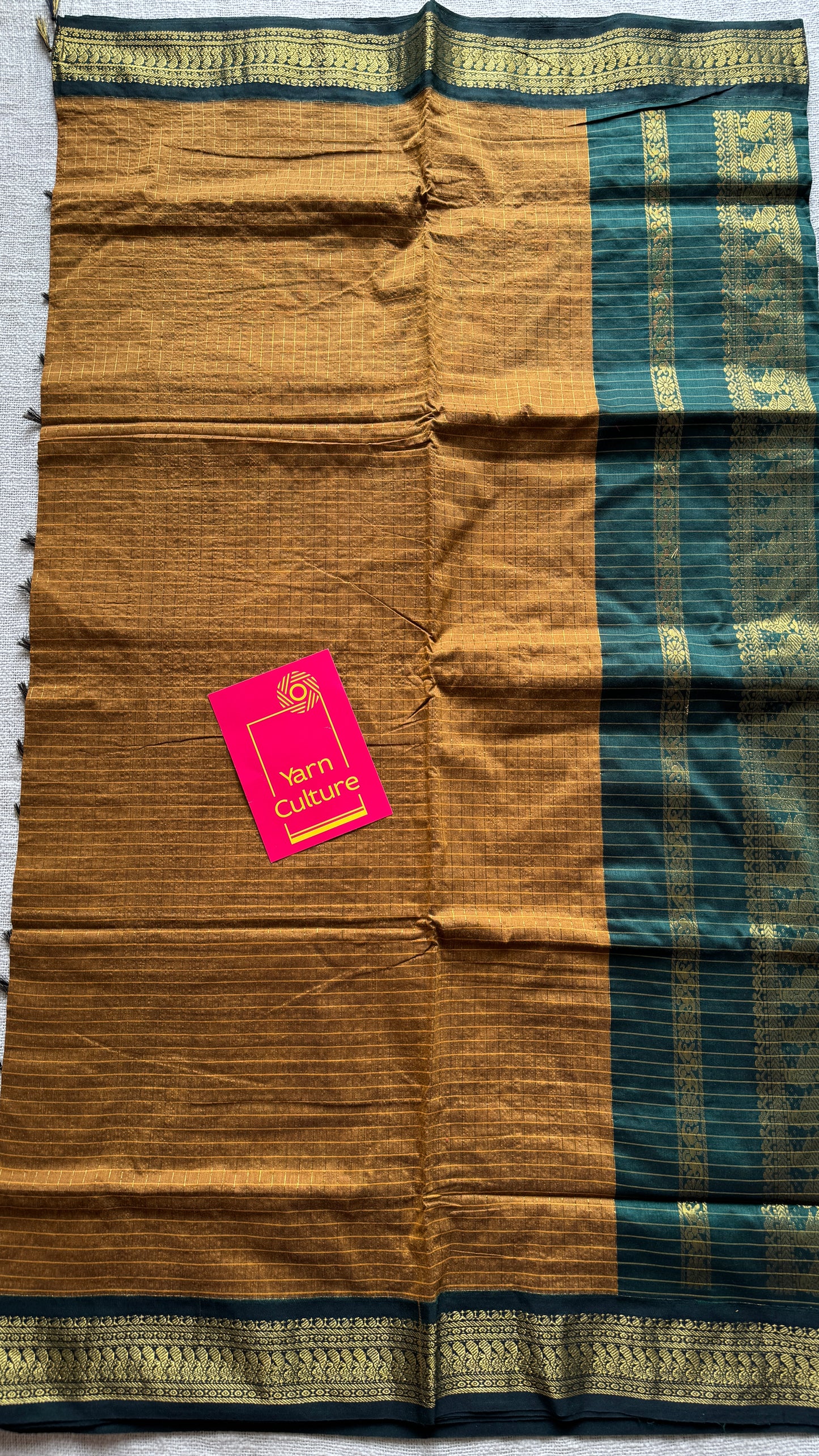Light Brown - Dark Green, Checks - Kalyani Cotton Silk - YCCOTNKCSC07