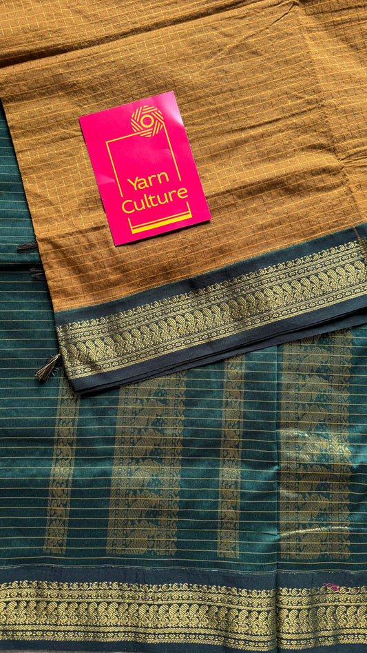 Light Brown - Dark Green, Checks - Kalyani Cotton Silk - YCCOTNKCSC07