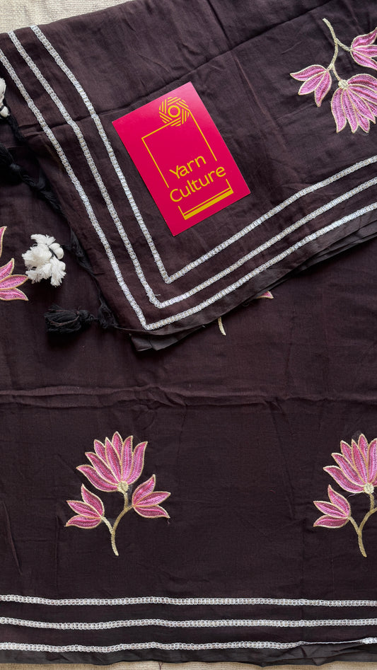 Brown & Pink Floral Embroidery - Mul Cotton