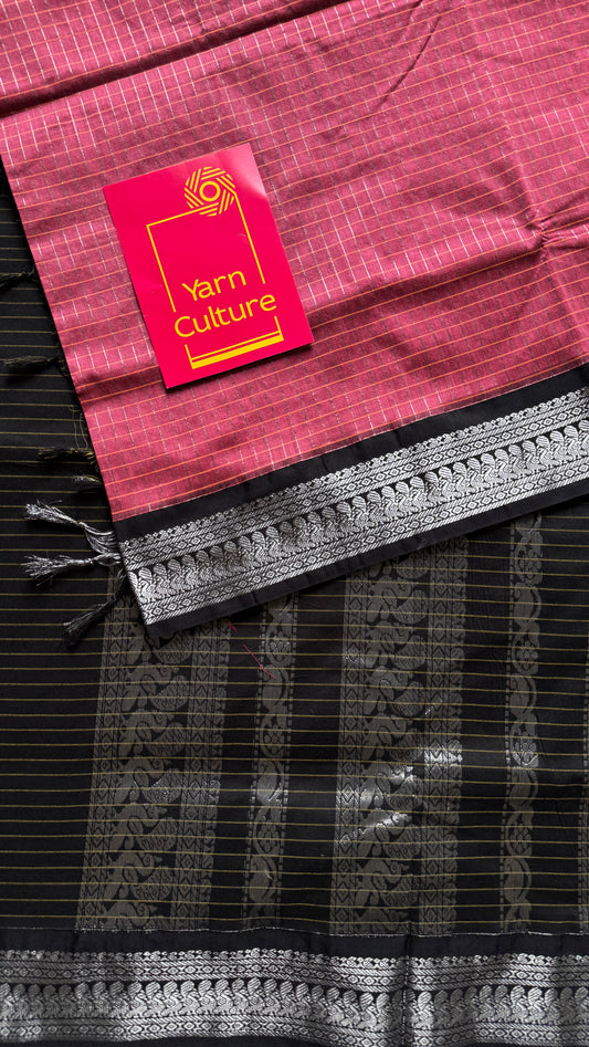 Carmine Pink - Black, Checks - Kalyani Cotton Silk - YCCOTNKCSC08