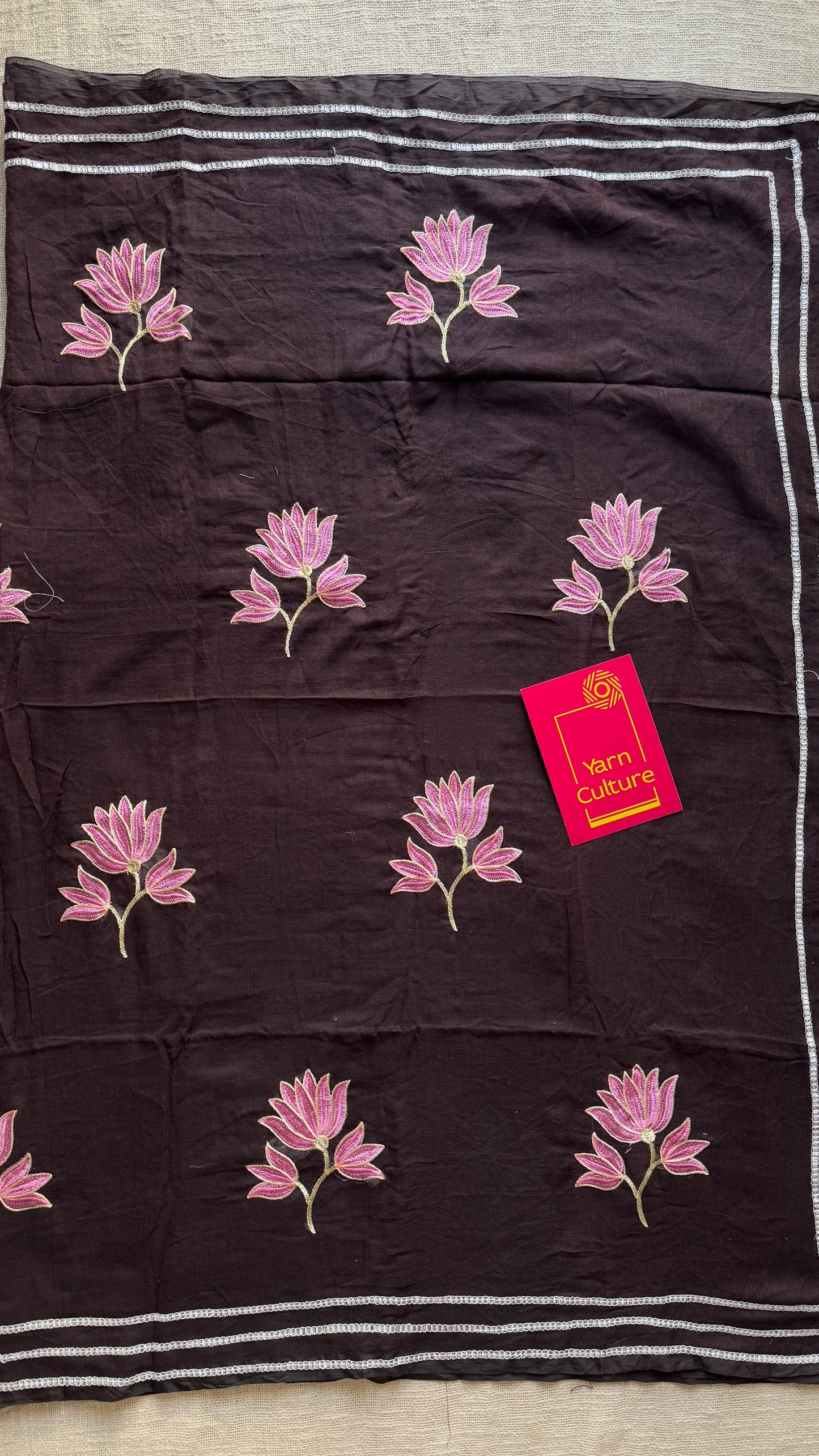 Brown & Pink Floral Embroidery - Mul Cotton