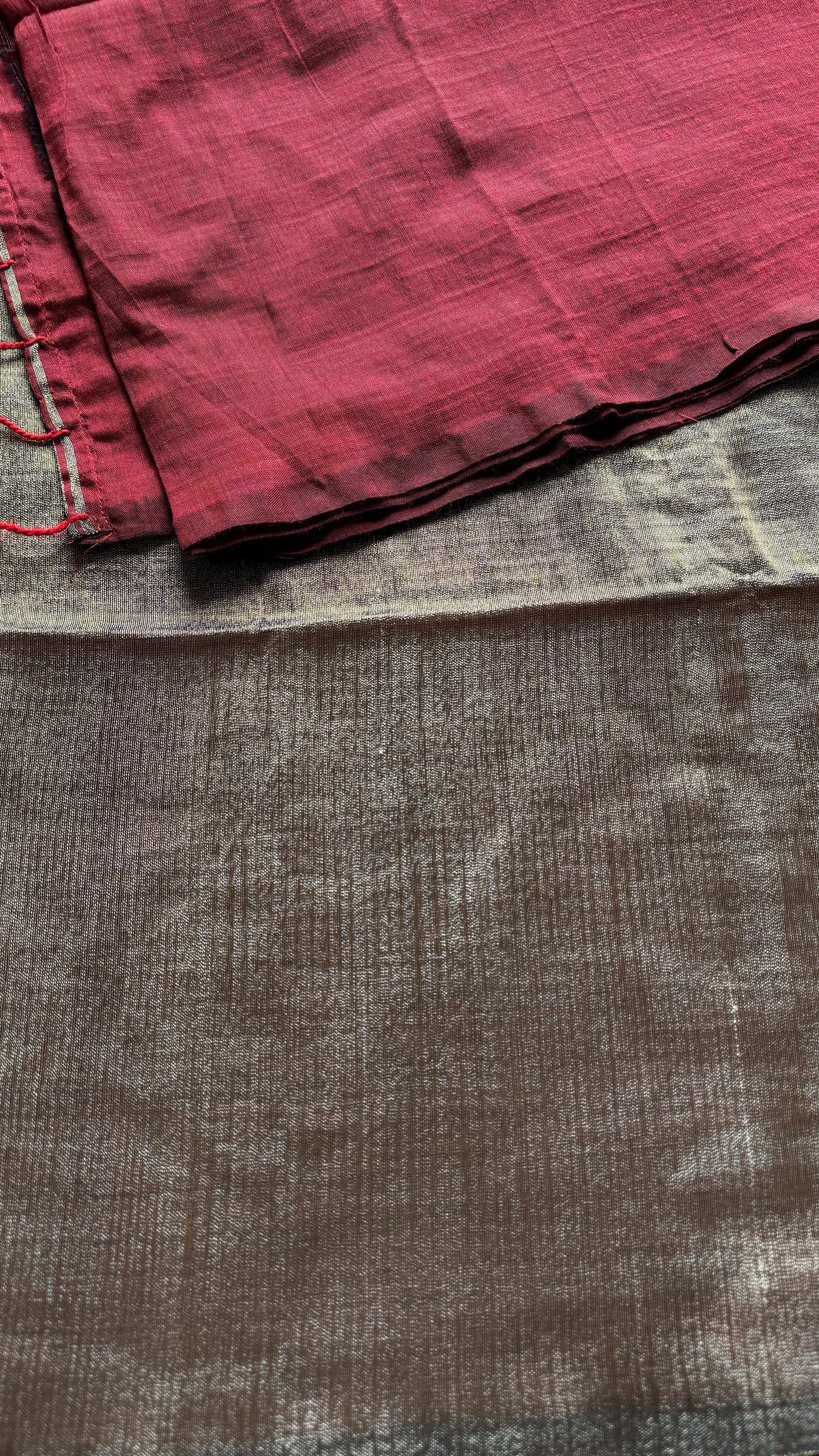 Maroon Mirage - Maroon with silver gold dual tone pallu, soft khadi cotton