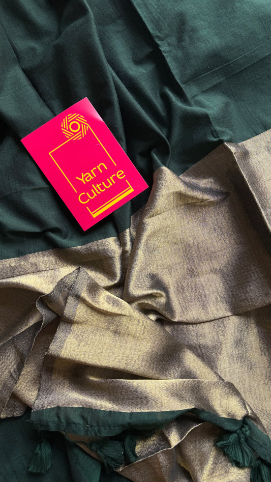 Emerald Glow - Dark green with silver gold dual tone pallu, soft khadi cotton