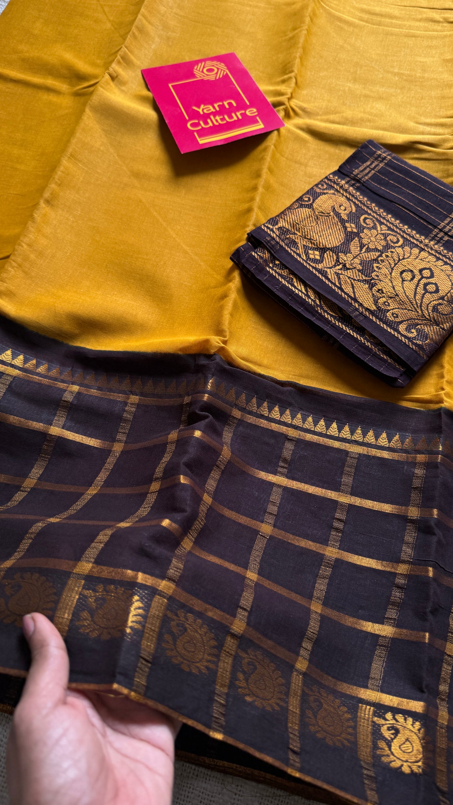 Yellow - Dark Brown, Kattam (Checkered) Border - Madurai Sungudi cotton - YCCOTNSKCB01