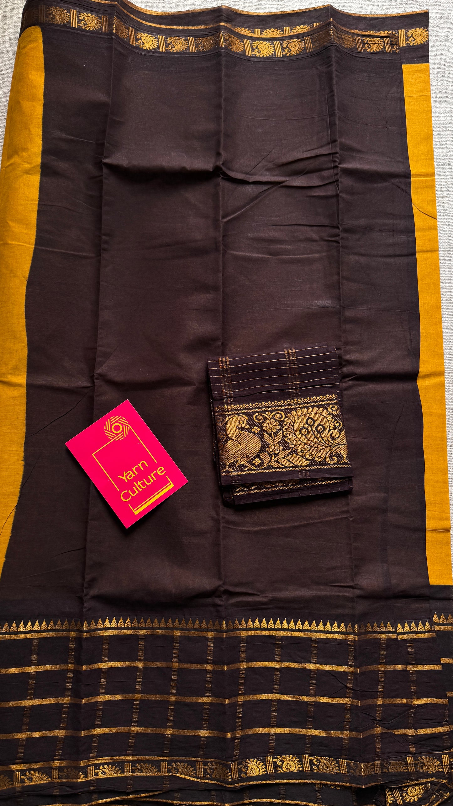 Yellow - Dark Brown, Kattam (Checkered) Border - Madurai Sungudi cotton - YCCOTNSKCB01