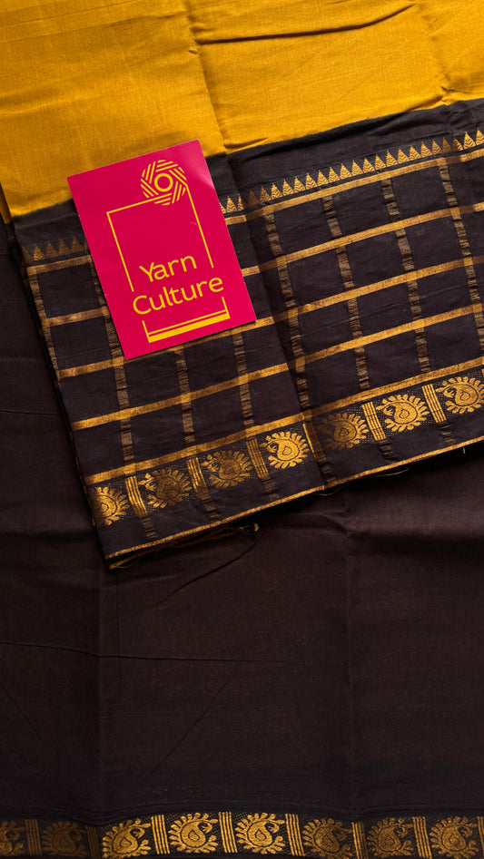 Yellow - Dark Brown, Kattam (Checkered) Border - Madurai Sungudi cotton - YCCOTNSKCB01