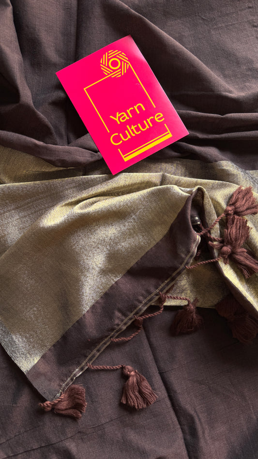 Brown Gleam - Dark brown with silver gold dual tone pallu, soft khadi cotton
