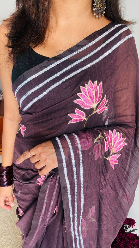 Brown & Pink Floral Embroidery - Mul Cotton