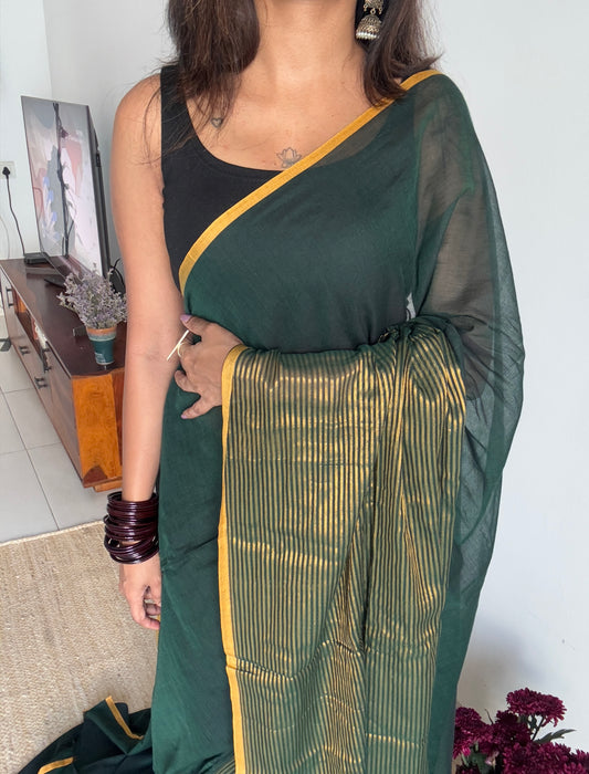 Dark green gold zari stripes - Mul Cotton YCBCBZS03