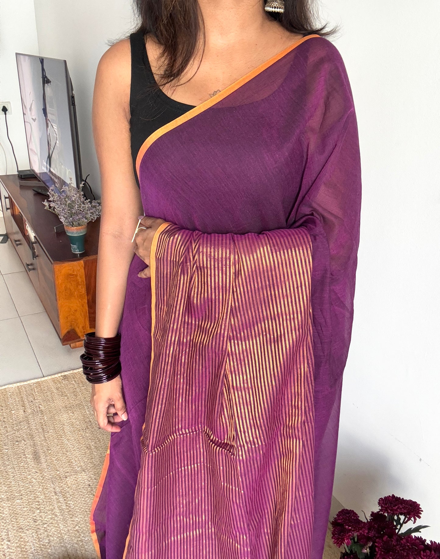 Purple Pink gold zari stripes - Mul Cotton YCBCBZS04