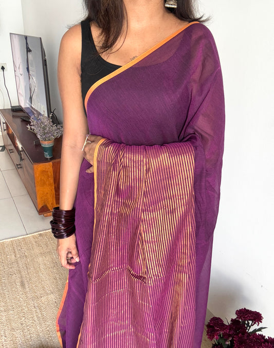 Purple Pink gold zari stripes - Mul Cotton YCBCBZS04