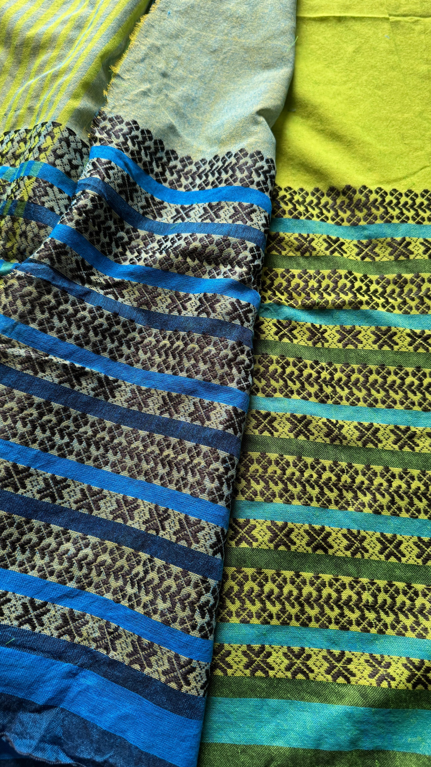 Bright green with aqua blue and black thread work, soft cotton - YCBCBK03