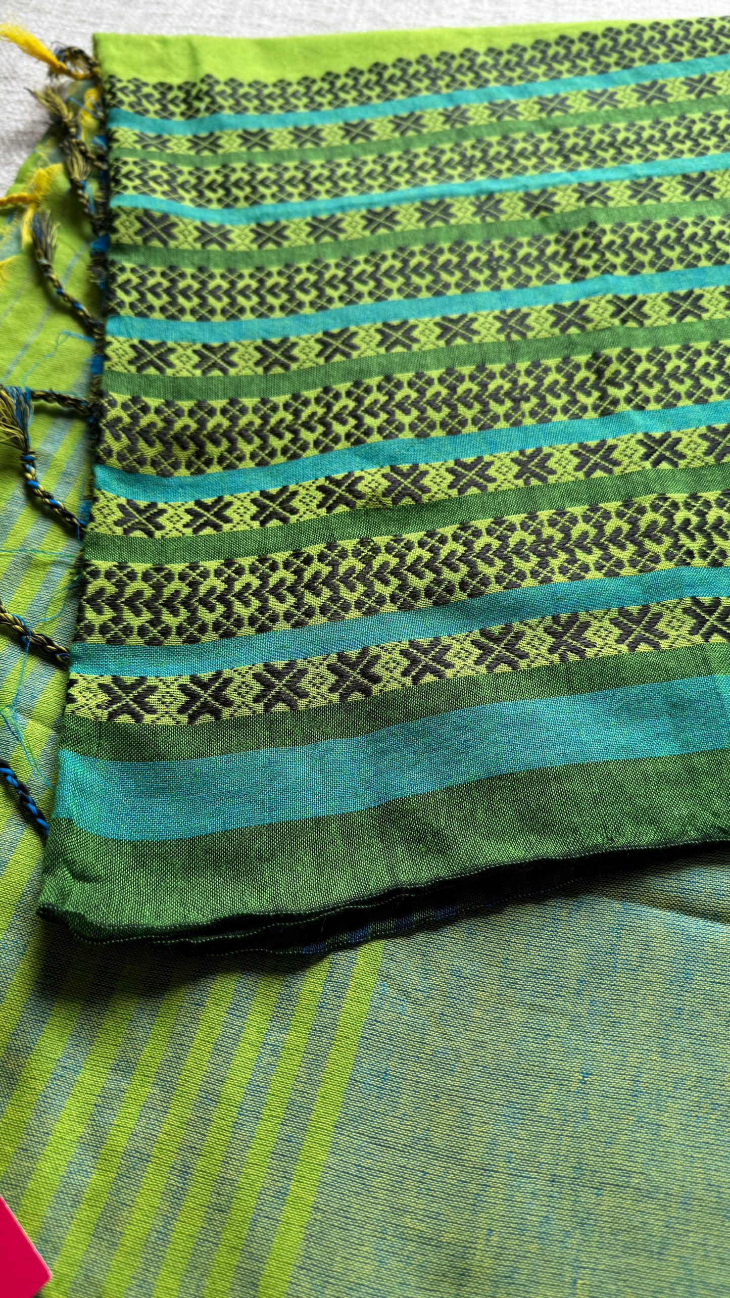 Bright green with aqua blue and black thread work, soft cotton - YCBCBK03