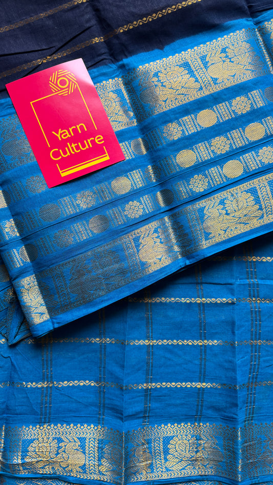 Dark blue and light blue sungudi with peacock motif rettai pettu wide border