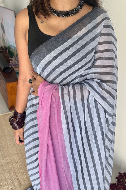 Dark Grey Mist - Pink and dark grey stripes, mul cotton