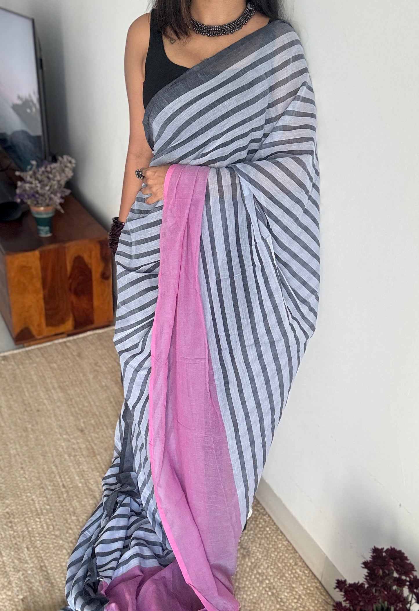 Dark Grey Mist - Pink and dark grey stripes, mul cotton