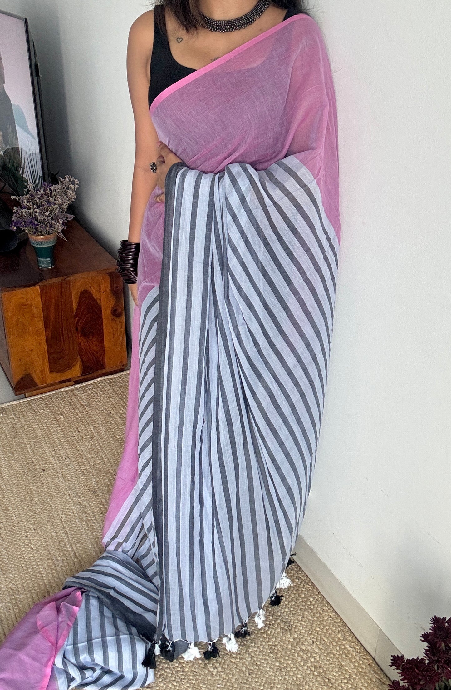 Dark Grey Mist - Pink and dark grey stripes, mul cotton