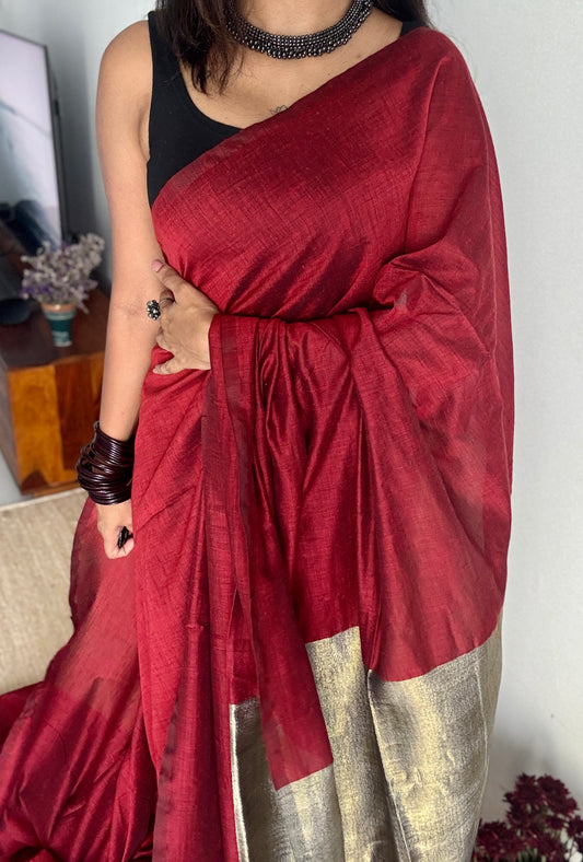 Maroon Mirage - Maroon with silver gold dual tone pallu, soft khadi cotton