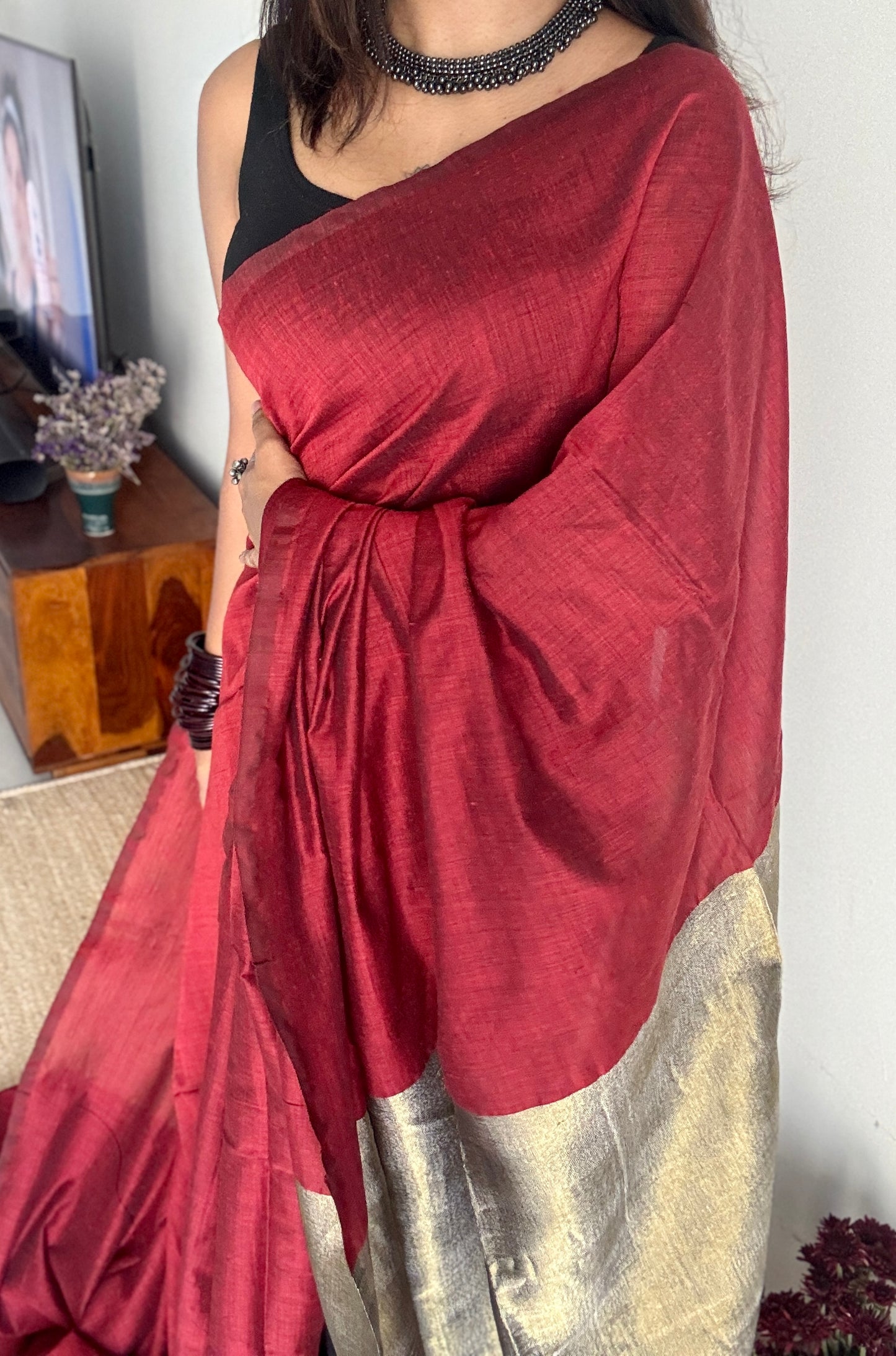 Maroon Mirage - Maroon with silver gold dual tone pallu, soft khadi cotton