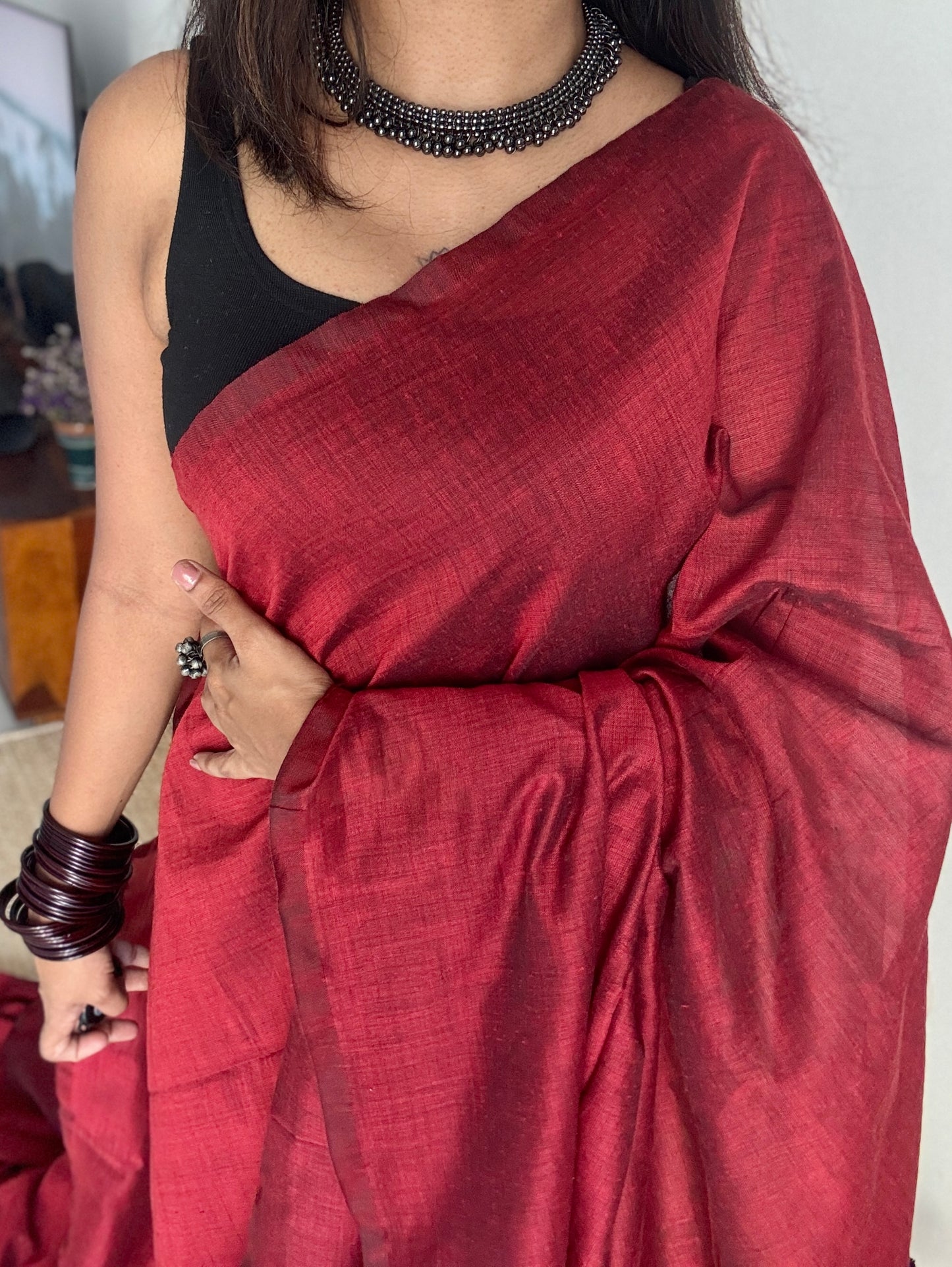 Maroon Mirage - Maroon with silver gold dual tone pallu, soft khadi cotton