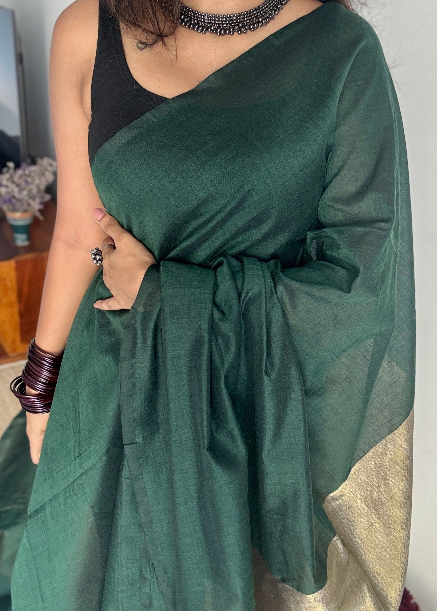 Emerald Glow - Dark green with silver gold dual tone pallu, soft khadi cotton YCBCKGP05