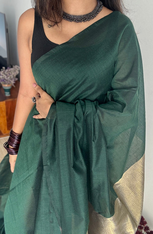 Emerald Glow - Dark green with silver gold dual tone pallu, soft khadi cotton