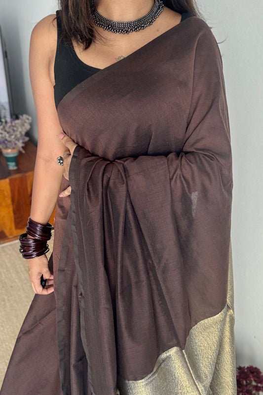 Brown Gleam - Dark brown with silver gold dual tone pallu, soft khadi cotton