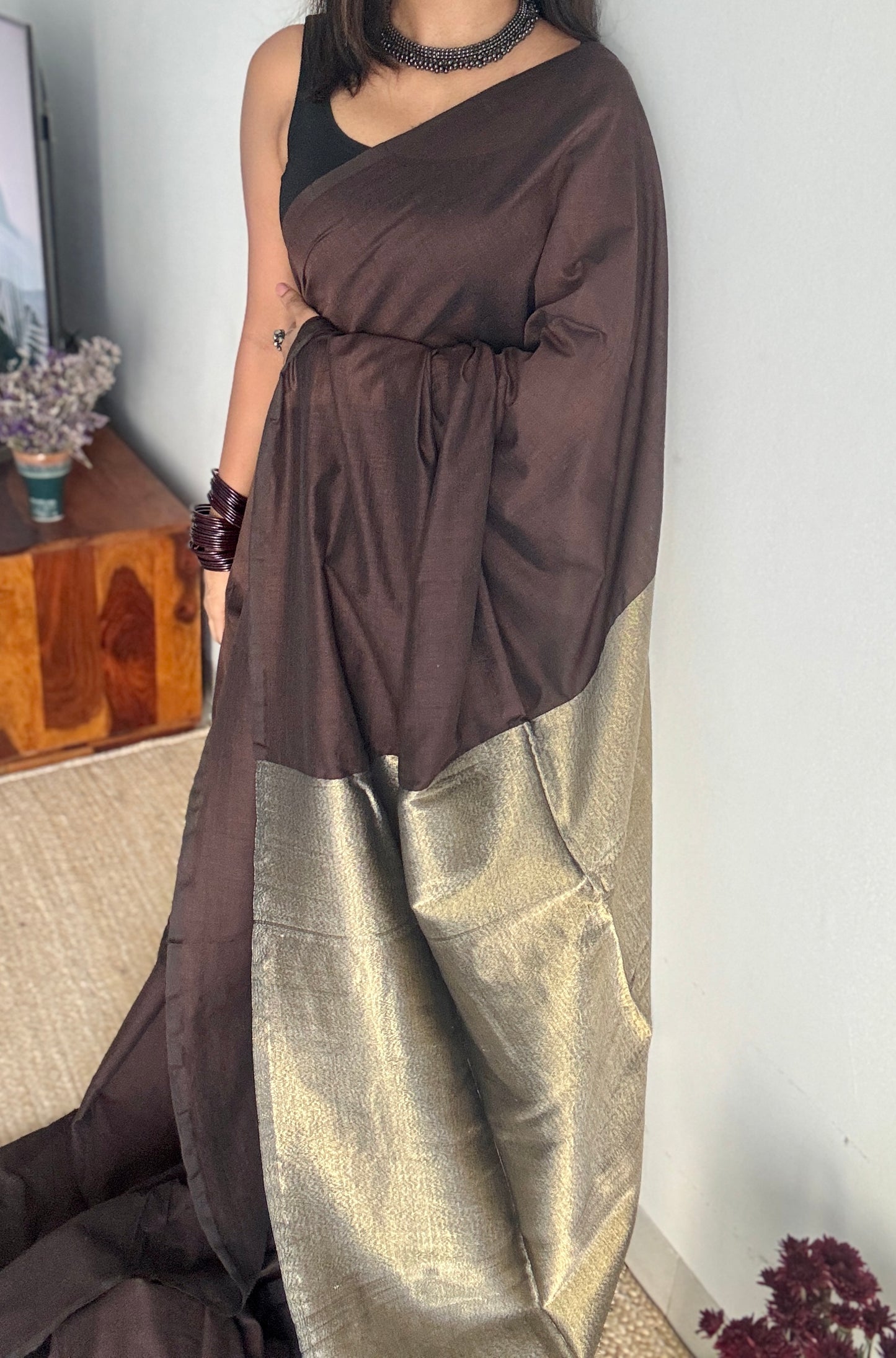 Brown Gleam - Dark brown with silver gold dual tone pallu, soft khadi cotton