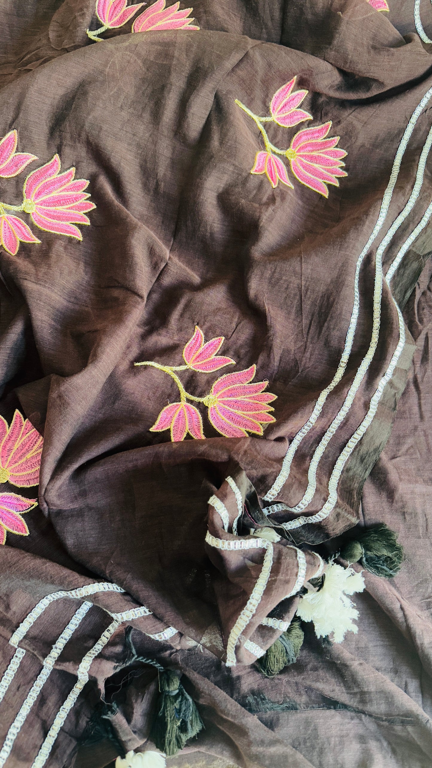 Brown & Pink Floral Embroidery - Mul Cotton