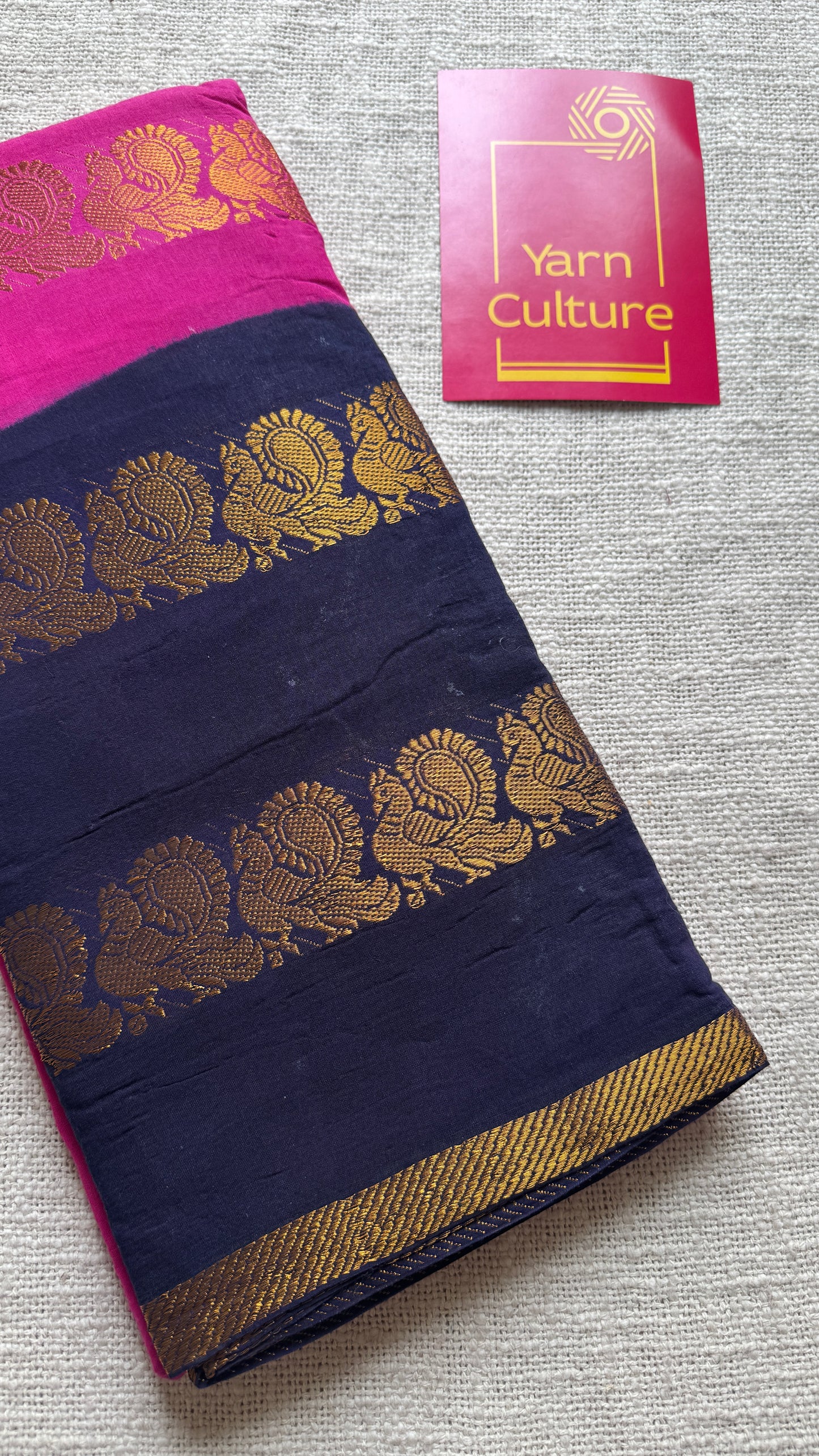 Hot pink and dark blue sungudi with double peacock motif rettai pettu wide border